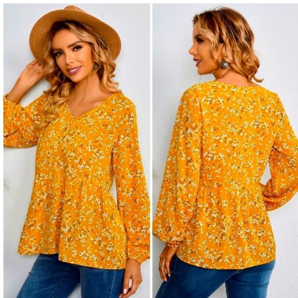 NWT! DITSY FLORAL PRINT LANTERN SLEEVE BLOUSE IN YELLOW!